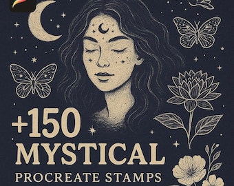 Sellos mágicos para Procreate, colección de tatuajes de Procreate: brujería, mano mágica, luna, estrellas, celestial, wicca