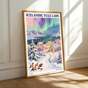 May include: Framed watercolor print titled "Icelandic Yule Lads." The artwork depicts a snowy village scene under a vibrant aurora borealis. Colorful houses, snow-covered trees, and wooden toys are featured in this winter landscape.