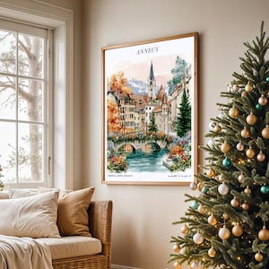 Annecy Christmas Travel Poster, Festive French Alps Wall Art for the Home