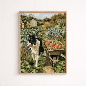 Kunstprint van een Border Collie in een tuin, een speelse hond in een moestuin, charmante wanddecoratie met een landelijk landschap.