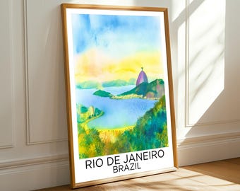 Impresión artística de Río de Janeiro: acuarela, azul vibrante y amarillo