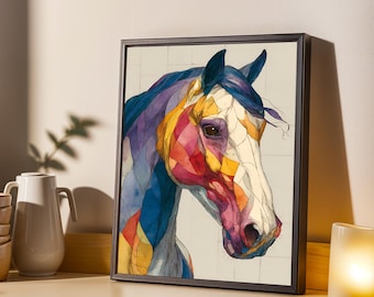 Horse Wall Art Print: Vibrant Mosaic Design - Blue and Teal Colors
