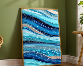 Ocean Waves Abstract Art Print, Turquoise Teal Fluid Painting