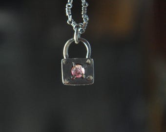Handmade Silver Lock Necklace with Pink Tourmaline | Minimal Boho Gemstone Jewelry Gift for Her