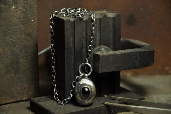 Handmade Silver Garnet Pendant Necklace – Rustic Gemstone Artisan Jewelry