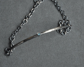 Sterling Silver Light Blue Tourmaline Bar Bracelet – Oxidized Minimalist Chain Jewelry