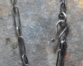 Handmade Sterling Silver Chain Necklace – Rustic Long Link Design – Oxidized Artisan Silver Jewelry