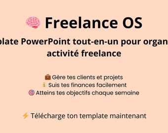 May include: A peach-colored graphic with the text "Freelance OS" and a brain icon. The text describes a PowerPoint template for organizing freelance activities, including client and project management, finance tracking, and goal setting.