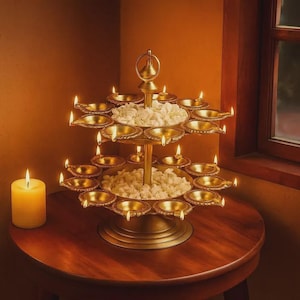 May include: A two-tiered, gold-colored candle holder with multiple small oil lamps, each with a lit flame. The holder is filled with white flowers and sits on a round wooden table. A lit yellow candle is on the left.