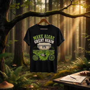 Peut inclure: Un t-shirt noir avec une impression graphique représentant un canard colvert nageant dans un étang vert devant un monument blanc. Le texte au-dessus de l'image indique "MAKE ALGAE GREAT AGAIN" en lettres vertes et blanches, avec des icônes circulaires.