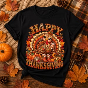 Peut inclure: Un t-shirt noir à manches courtes avec un motif de dinde aux plumes imprimé léopard, portant des bottes de cow-boy et tenant une tasse de café. Le texte Happy Thanksgiving est écrit en lettres orange et marron.