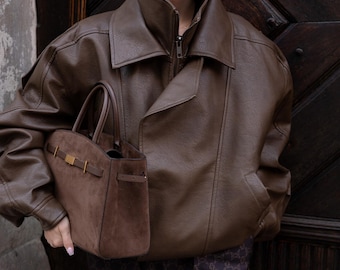 Übergroße echte braune Bomberjacke aus den 90er Jahren mit hohem Kragenmantel für Damen-Vollnarbenschafleder Herbstoberbekleidung, Geschenk für sie