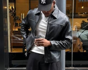 Handgefertigte schwarze Lederjacke | Minimale Unisex Oberbekleidung