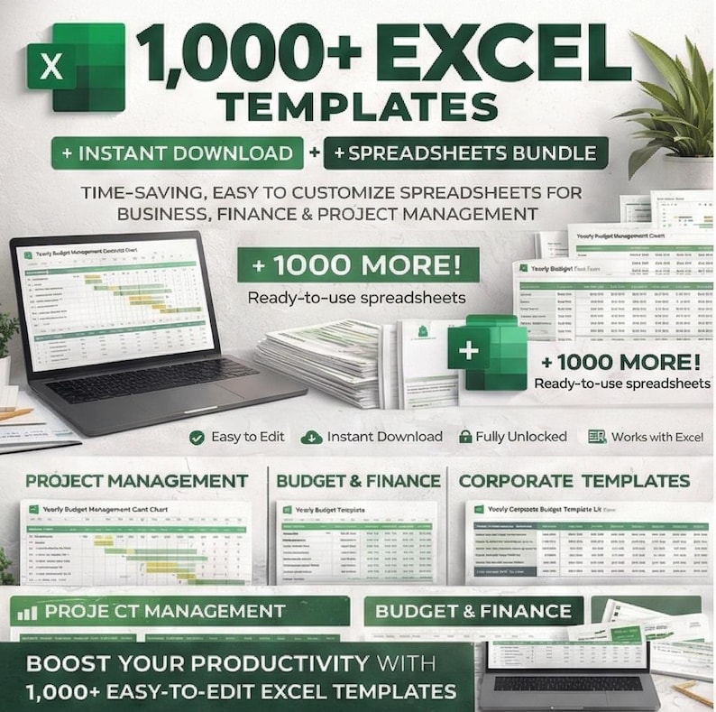 Spreadsheets Stack 1000+ Excel Templates Bundle | Project Management, Budget, Corporate ...