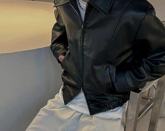 Cropped Echtleder Jacke Herren | Schwarzer Polokragen Ledermantel | Minimalistische Streetwear Jacke | Übergroße abgeschnittene Lederoberbekleidung