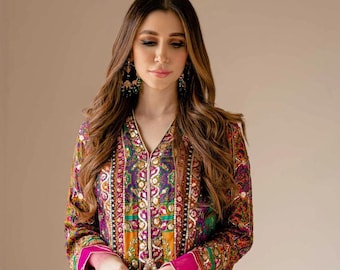 Multi-Color Printed Silk Tunic Top, Pant for Women | Hand-Embellished Kurta with V-Neck  Silk kurta Wedding Kurta Suit, Festive Wear Suit,