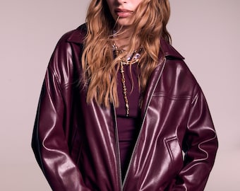 Handgefertigte Bomberjacke aus bordeauxfarbenem Leder | Unisex Reißverschluss Mantel