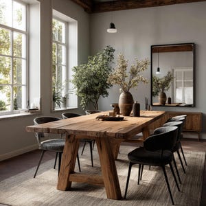 Puede incluir: Una mesa de comedor rústica de madera con seis sillas tapizadas de color gris oscuro. La habitación cuenta con un espejo grande, un jarrón con flores secas y una alfombra de tonos neutros. La habitación está iluminada por la luz natural de grandes ventanas. La mesa mide unos 240 cm de largo.