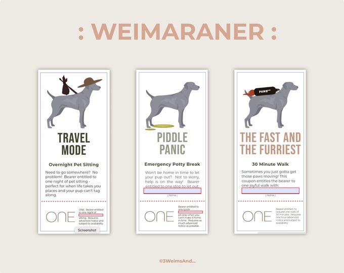 Featured listing image: Personalized Weimaraner Pet Gift  | Instant Download |  PDF template, Pet Sitter Coupon | Pet Parent Gift | Dog lover gift