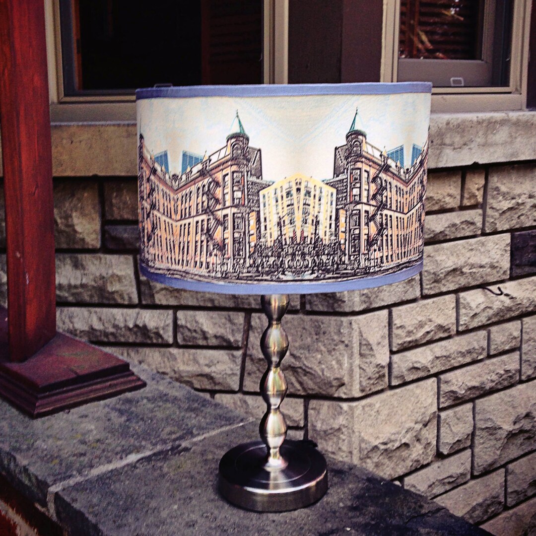 Blue Drum Lampshade, Custom Urban Scene Lampshade, Lampshade for Table