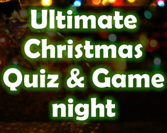 May include: A festive image with the text "Ultimate Christmas Quiz & Game night" in bright green, set against a backdrop of blurred Christmas lights. A blue arrow with "Let's Go!" points to the right, suggesting an invitation to play.