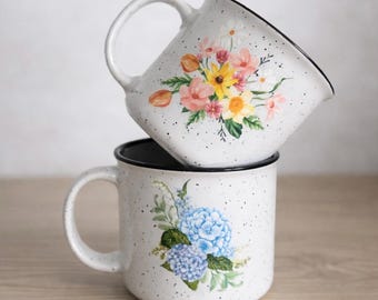 Floral Speckled Campfire Mug – Blue Hydrangea Spring Flower | 16oz Enamel Coffee Mug | Gift for a Friend | Spring Kitchen Decor | Flower Mug