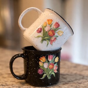 Floral Campfire Mug 16 oz – Vintage Tulip Coffee Mug – Speckled Enamel Style – Black or White – Spring Gift for Her – Cottagecore Kitchen image 2