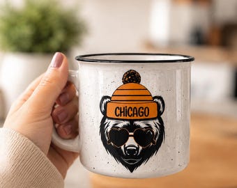 Chicago Bear Campfire Mug, Speckled Enamel Style, Midwest Gift