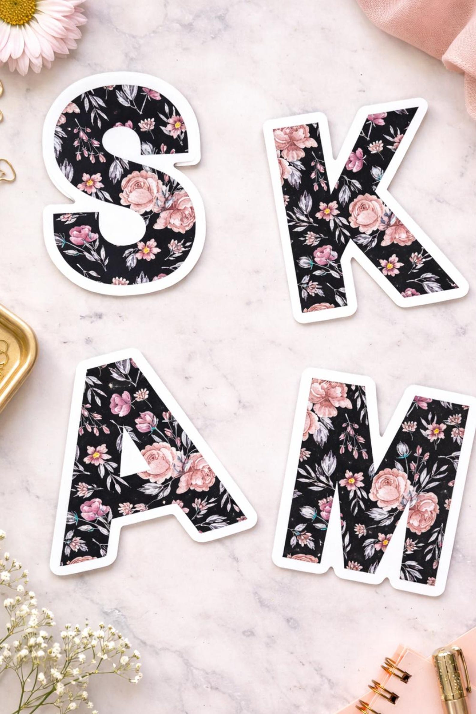 Initial Sticker Chic Floral Letter Sticker, Black & Pink Flowers, Personalized, Initial ...