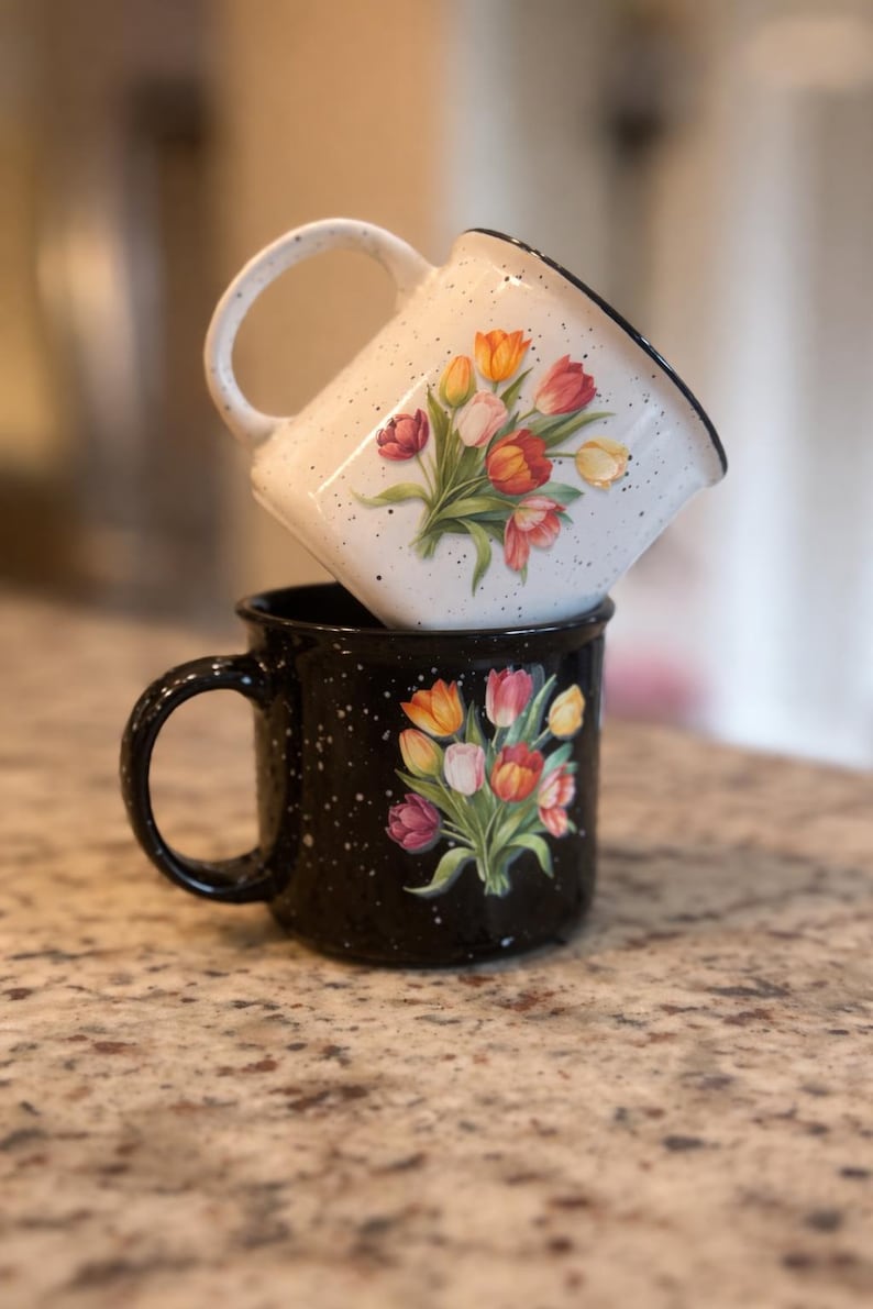 Floral Campfire Mug 16 oz – Vintage Tulip Coffee Mug – Speckled Enamel Style – Black or White – Spring Gift for Her – Cottagecore Kitchen image 2