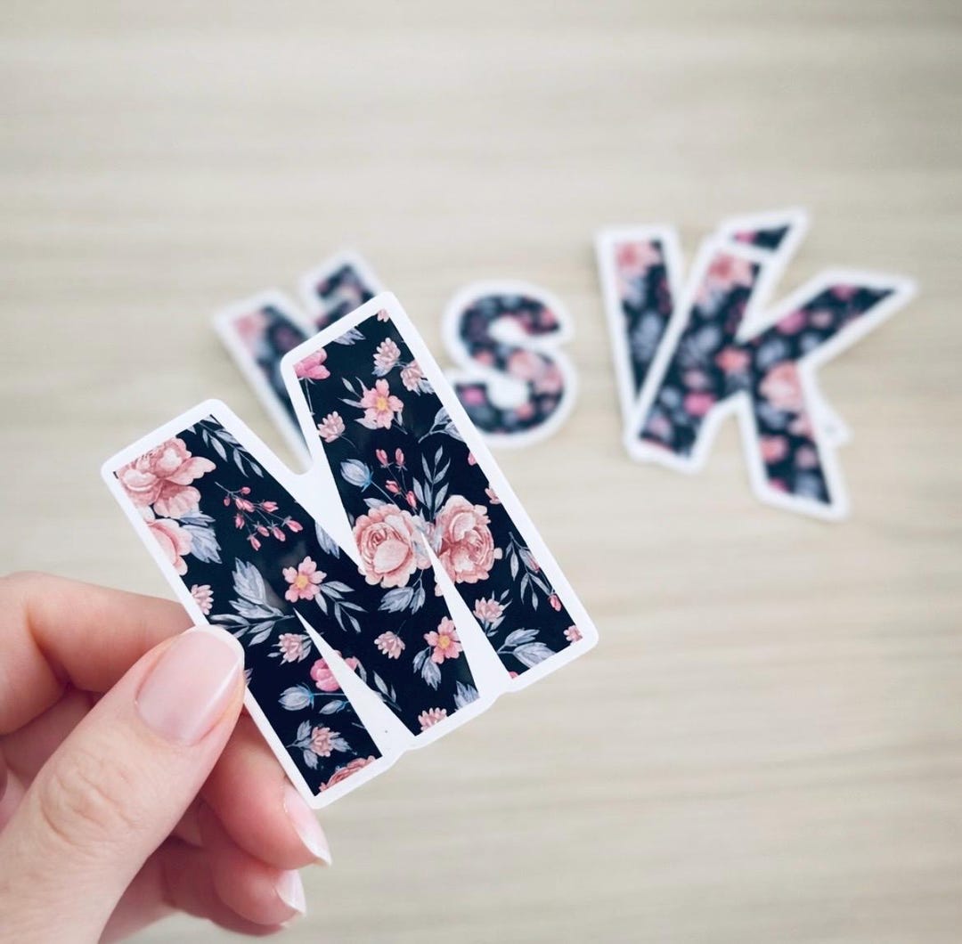 Initial Sticker Chic Floral Letter Sticker, Black & Pink Flowers, Personalized, Initial ...