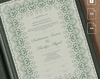 May include: A formal marriage certificate with ornate green floral border design. The names Soulaiman Imran and Khadija Abyad are featured. The document includes text in Arabic and English, with spaces for signatures and the date.