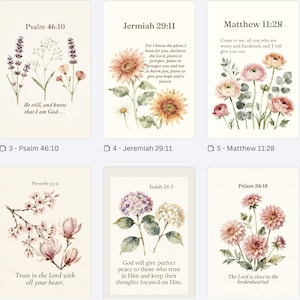 May include: A set of six rectangular cards featuring watercolor floral illustrations and religious text. Each card displays a specific Bible verse, including Psalm 46:10, Jeremiah 29:11, Matthew 11:28, Proverbs 3:5-6, Isaiah 26:3, and Psalm 34:18 with flowers.