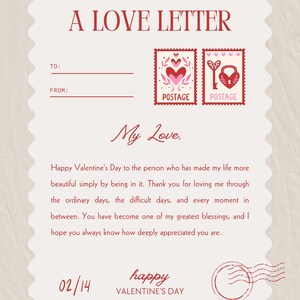 May include: A cream-colored stationery card with scalloped edges titled A LOVE LETTER in red text. It features two postage stamp illustrations with heart and key motifs, lines for TO and FROM, and a printed message for Valentine's Day.