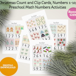 Puede incluir: Tarjetas de conteo y clip con temática navideña para actividades matemáticas preescolares. Las tarjetas presentan ilustraciones festivas de hombres de jengibre, árboles de Navidad y otros elementos navideños, con los números 1-10. Incluye una etiqueta de "Descarga Digital".