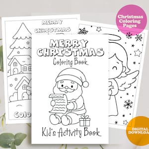 Könnte beinhalten: Eine Reihe von Weihnachtsmalbüchern mit Schwarz-Weiß-Illustrationen. Das Hauptbuch zeigt den Weihnachtsmann mit einer Liste. Der Text lautet "Merry Christmas Coloring Book" und "Kid's Activity Book". Ein rosa Kreis zeigt "Christmas Coloring Pages".