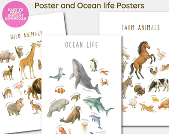 Educatieve posters aquarel dieren, decor montessori kinderkamer (digitale download)