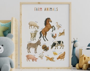 Boerderijdieren poster educatieve poster, kinderkamer wanddecoratie, speelkamer decor educatieve Montessori posters (digitale download)