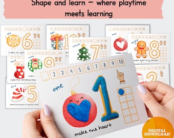 Preschool Printables Numbers 1-10 Dough Mats, Toddler Christmas Montessori Practice for Homeschool Pre-K Kindergarten Preschool