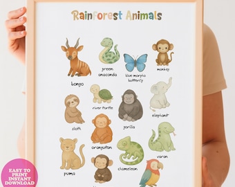 Set van 2 prints regenwouddieren poster, flitskaarten: montessori educatieve printables kinderen leren decor (digitale download)