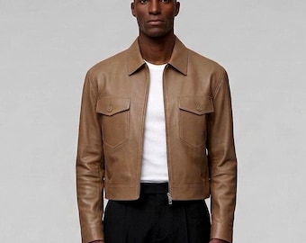 Handcrafted Men’s Beige Sheepskin Leather Jacket | Button Pocket