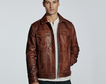 Chaqueta vaquera de piel de oveja marrón hecha a mano para hombre / Forro acolchado