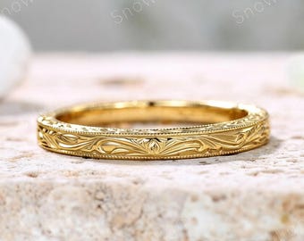 Anillo de boda antiguo de oro de 14 quilates con filigrana: anillo con grabado floral y milgrain, joyería antigua.