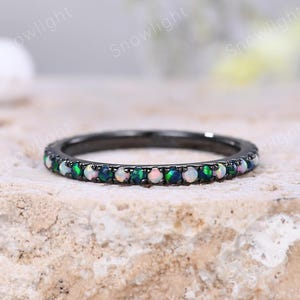 Black & White Opal Alternating Wedding Band: October Birthstone Eternity Matching Ring