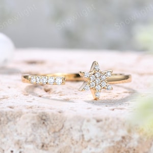 Dainty North Star Ring: 14K Gold Starburst Open Ring, Celestial Adjustable Band