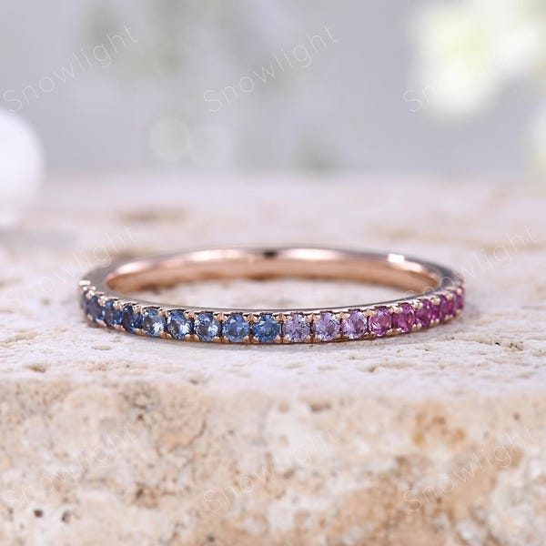 14k Rose Gold Rainbow Sapphire Eternity Band: Tsavorite Promise Ring