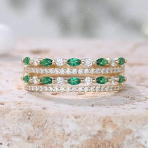 Vintage Inspired 4 Row Diamond Band: 14K Gold Marquise Emerald Stackable Ring