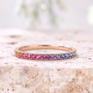 Ombre Natural Rainbow Sapphire Wedding Band: Gradient Half Eternity Ring, Multicolor Gemstone Stacking Ring