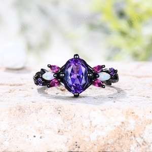 Gothic Oval Amethyst Engagement Ring: Vintage Black Gold Marquise Opal Ruby Ring, Cluster Jewelry