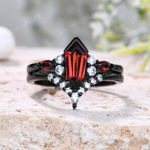 Gothic Coffin Cut Red Garnet Engagement Ring Set: Black Rhodium Cluster Moissanite Bridal Set